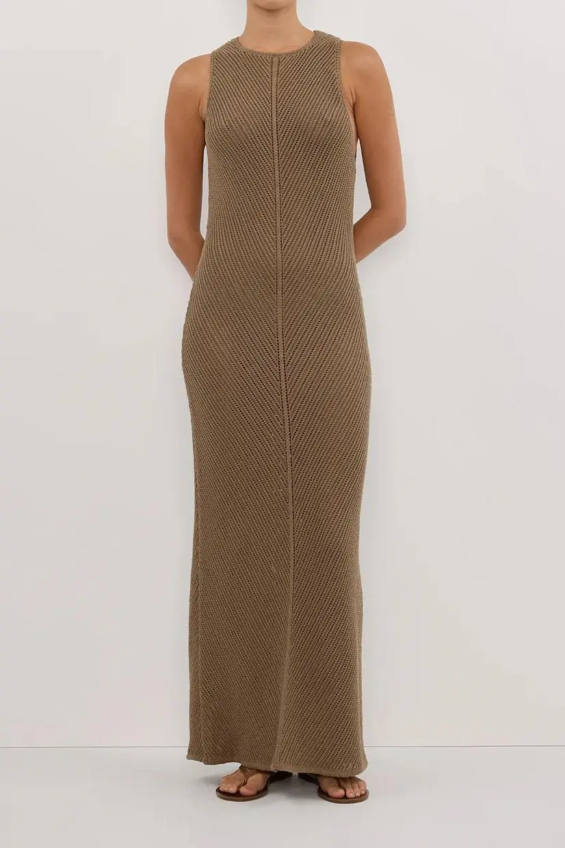 BLOOM OLIVE CROCHET KNIT MAXI DRESS